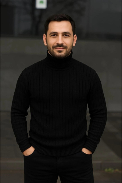 Butik Men's Corded Fabric Knitwear Sweater Set of 2 Beige Black Regular Turtleneck Full-Throated Knitwear Set Model Sweater