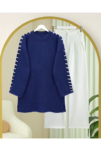 Modamorfo Striped Knit Tunic with Drawstring Sleeves - Navy