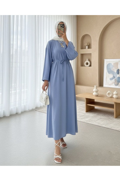 Modamorfo Λινό φόρεμα με δεμένη μέση και φερμουάρ στην πλάτη - Μπλε