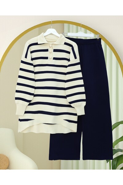 Modamorfo Polo Neck Buttoned Striped Knitwear Set - Navy