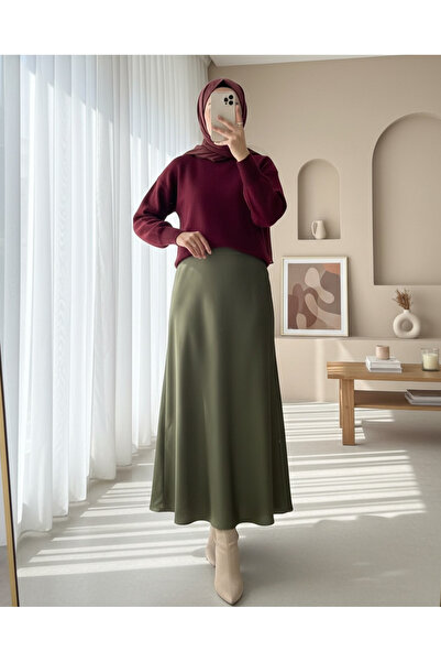 Modamorfo Elastic Waist Satin Skirt - Khaki