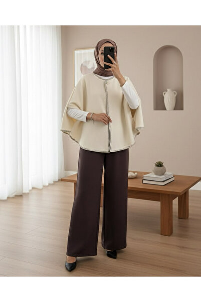 Modamorfo معطف كاشي بانشو بجيوب مخيطة - لون بيج