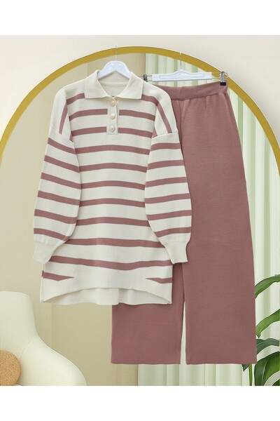 Modamorfo Polo Neck Buttoned Striped Knitwear Set -G.Kurusu