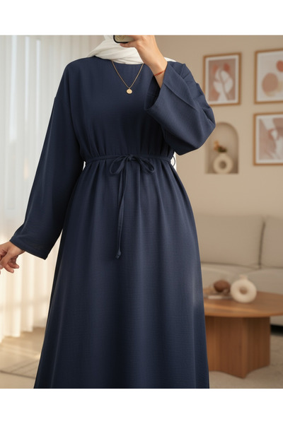 Modamorfo Λινό φόρεμα με δεμένη μέση και φερμουάρ στην πλάτη - Ναυτικό