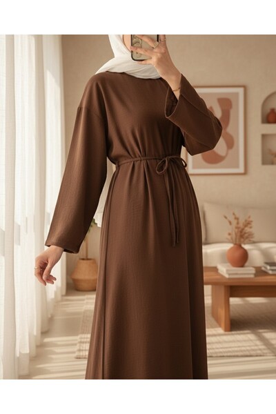 Modamorfo Λινό φόρεμα με δεμένη μέση και φερμουάρ στην πλάτη - Καφέ