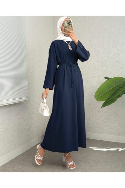 Modamorfo Λινό φόρεμα με δεμένη μέση και φερμουάρ στην πλάτη - Ναυτικό