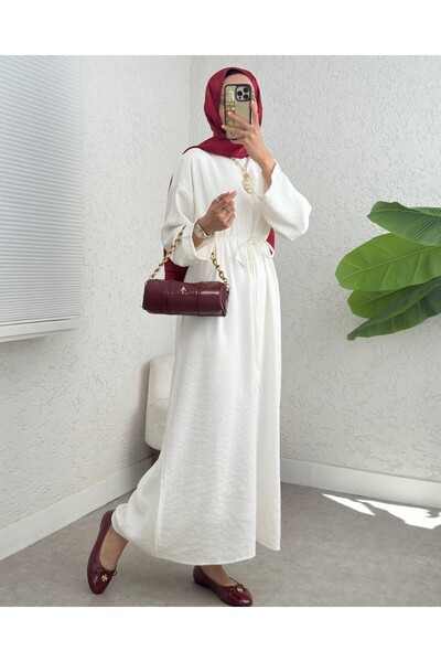 Modamorfo Λινό φόρεμα με δεμένη μέση και φερμουάρ στην πλάτη - Εκρού