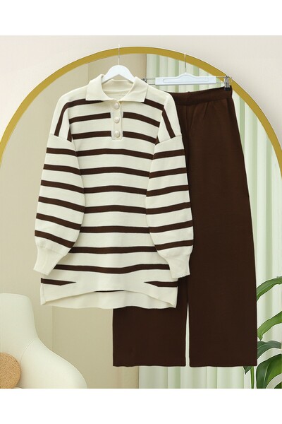 Modamorfo Polo Neck Buttoned Striped Knitwear Set - Brown