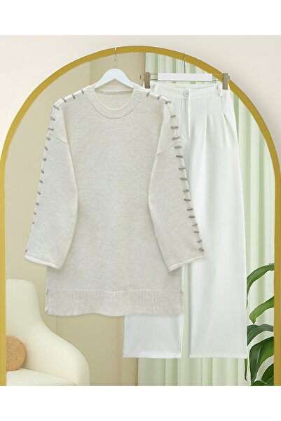 Modamorfo Striped Knit Tunic with Drawstring Sleeves - Cream