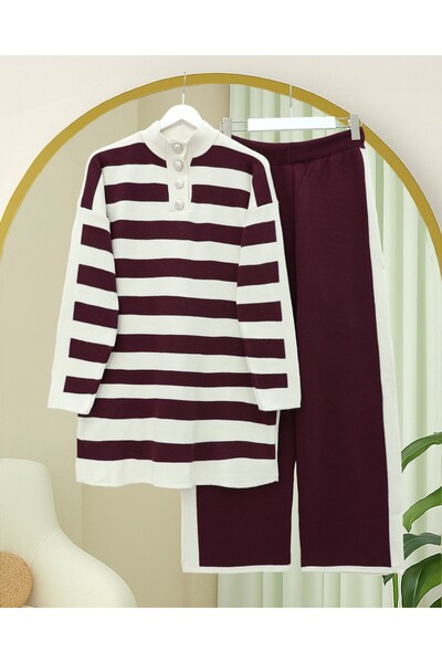 Modamorfo Half Turtleneck Collar Buttoned Thick Striped Knitwear Set - Burgundy