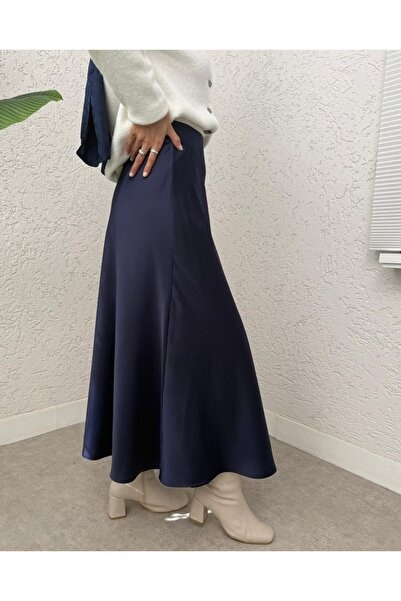 Modamorfo Elastic Waist Satin Skirt - Navy