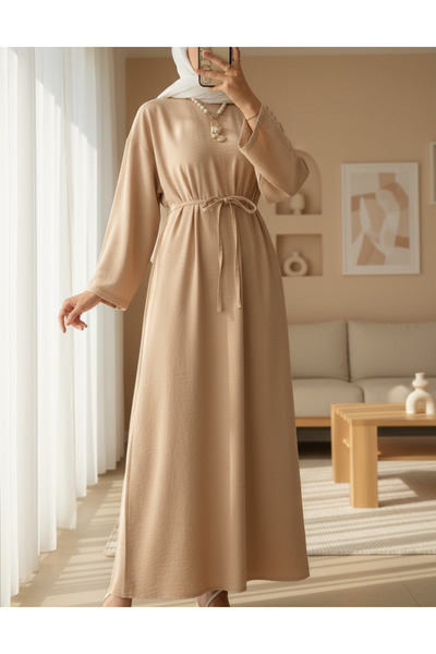 Modamorfo Λινό φόρεμα με δεμένη μέση και φερμουάρ στην πλάτη - Μπεζ