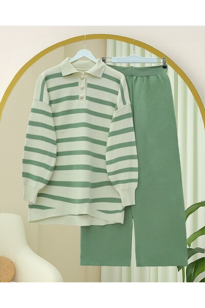 Modamorfo Polo Neck Buttoned Striped Knitwear Set - Green