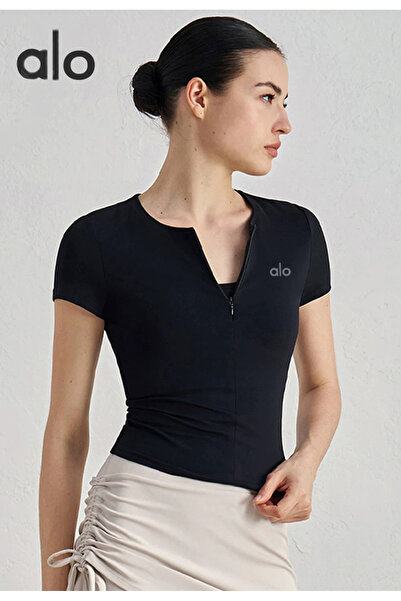 Alo Lady Sports Short Sleeve - Pilates Training - Women's Yoga Quick Dry T-Shirt (Black)