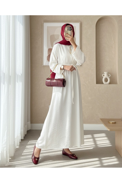 Modamorfo Λινό φόρεμα με δεμένη μέση και φερμουάρ στην πλάτη - Εκρού