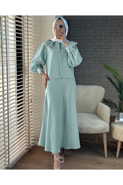 Modamorfo Lace Lettuce Collar Pure Linen Skirt Suit - Water Green