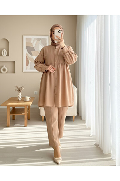 Modamorfo Lace Embroidered Linen Suit with Gathered Detail - Caramel