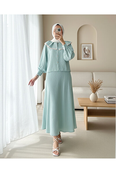 Modamorfo Lace Lettuce Collar Pure Linen Skirt Suit - Water Green