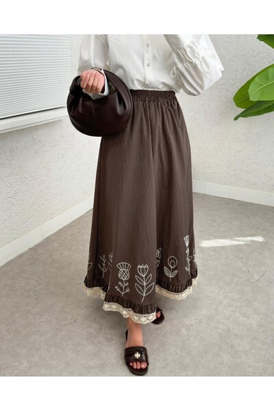 Modamorfo Lace Embroidered Elastic Waist Skirt - Brown