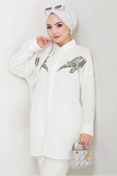 TRENDTESETTÜR Women's Cream Stone Detail Tunic t 5069