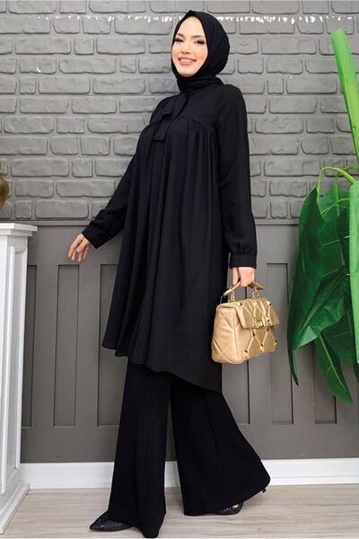 TRENDTESETTÜR WOMEN'S BLACK COLLAR TIE-UP CHIFFON CREPE TUNIC T 4542