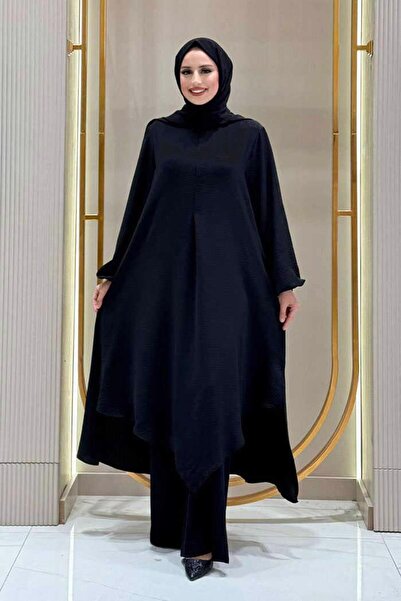 TRENDTESETTÜR KADIN SİYAH ŞALLI PANTOLONLU TAKIM T 7393