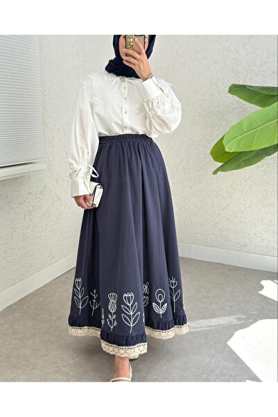 Modamorfo Lace Embroidered Elastic Waist Skirt - Navy