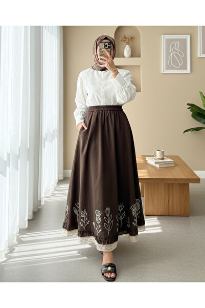 Modamorfo Lace Embroidered Elastic Waist Skirt - Brown