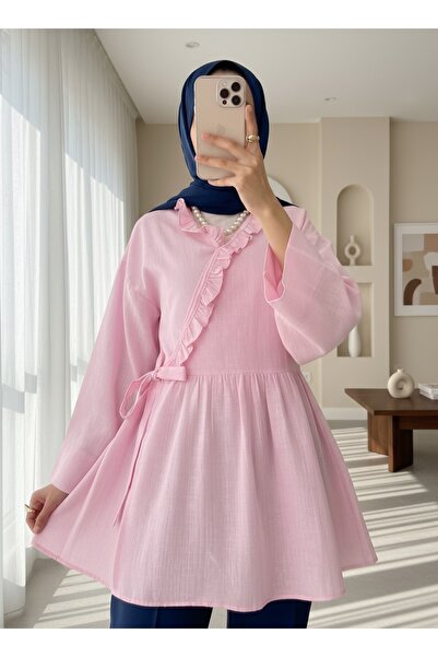 Modamorfo Linen Kimono with Ruffled Collar and Side Tie - Pink