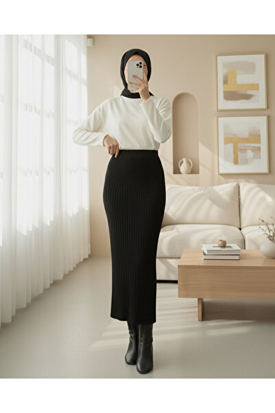 Modamorfo Elastic Waist Pleated Knit Skirt - Black