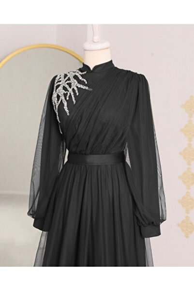 Modamorfo Βραδινό φόρεμα από τούλι με ντραπέ και πέτρινη λεπτομέρεια στο μπροστινό μέρος