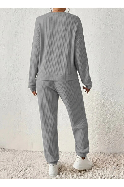 JARDİN ALLURE Women's Long Sleeve V-Neck Ribbed Knit Blouse and Pants Double Suit