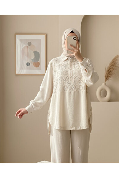 Modamorfo Csipkével hímzett szoknya gombos részletes ing - bézs