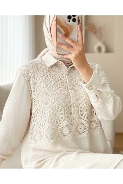 Modamorfo Csipkével hímzett szoknya gombos részletes ing - bézs