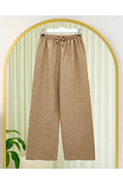 Modamorfo Wide Leg Sofia Linen Trousers with Elastic Waist and Lace Detail - Cinnamon