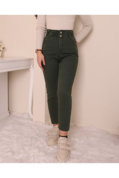 Modamorfo Khaki Jeans with High Waist and Elastic Waist