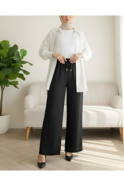 Modamorfo Wide Leg Sofia Linen Trousers with Elastic Waist and Lace Detail - Black