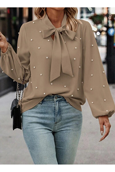 Genel Markalar Kadın Uzun Kollu Yakadan Fiyonklu Incili Ithal Krep Bluz
