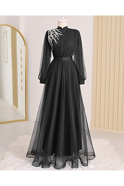 Modamorfo Βραδινό φόρεμα από τούλι με ντραπέ και πέτρινη λεπτομέρεια στο μπροστινό μέρος