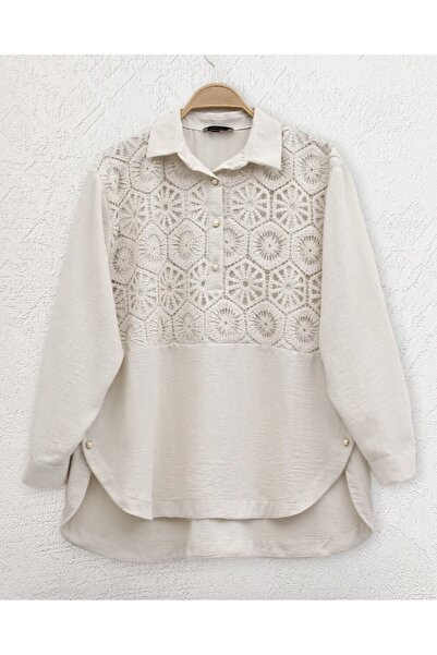 Modamorfo Csipkével hímzett szoknya gombos részletes ing - bézs