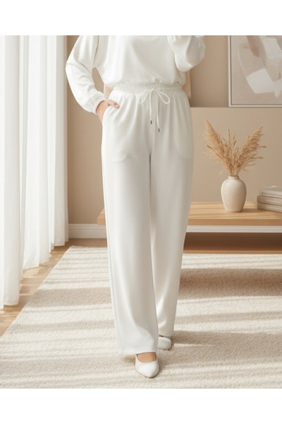 Modamorfo Double Pocket Elastic Waist Lace Detailed Trousers - White