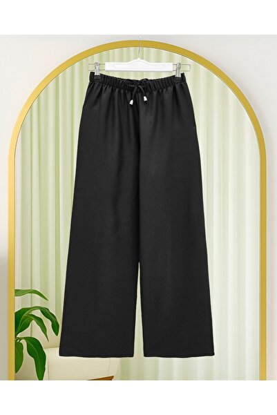 Modamorfo Wide Leg Sofia Linen Trousers with Elastic Waist and Lace Detail - Black