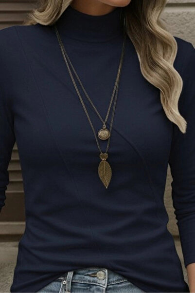 ALPACO    Women's Long Sleeve Turtleneck Front Stripe Detail Diving Blouse