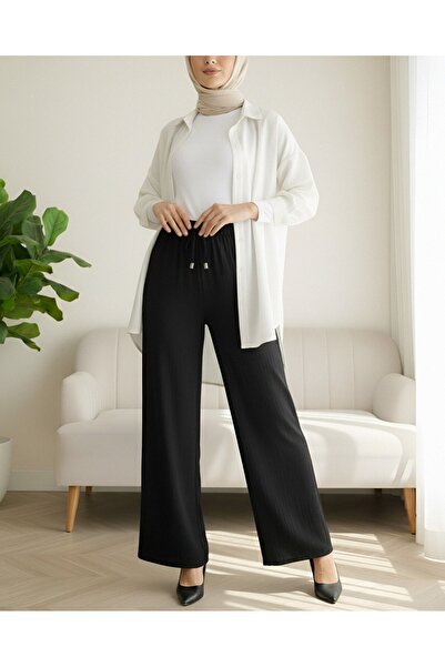 Modamorfo Wide Leg Sofia Linen Trousers with Elastic Waist and Lace Detail - Black