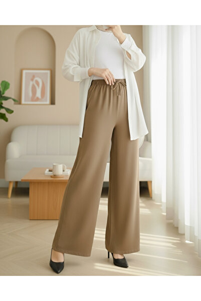 Modamorfo Wide Leg Sofia Linen Trousers with Elastic Waist and Lace Detail - Cinnamon