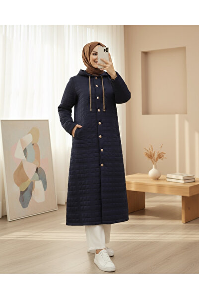 Modamorfo Hooded Buttoned Front Chain Detailed Quilted Cap - Navy