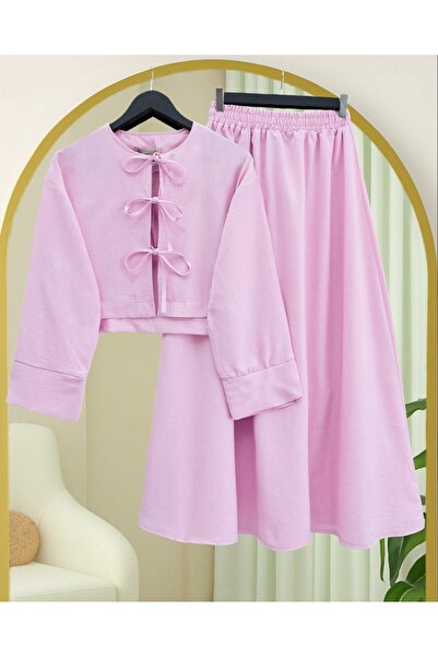 Modamorfo Linen Suit with Lace-Up Front and Elastic Waist Skirt - Powder