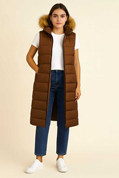 MODA με κουκούλα γούνινο γυναικείο πουπουλένιο γιλέκο, γούνινο πουπουλένιο γι...