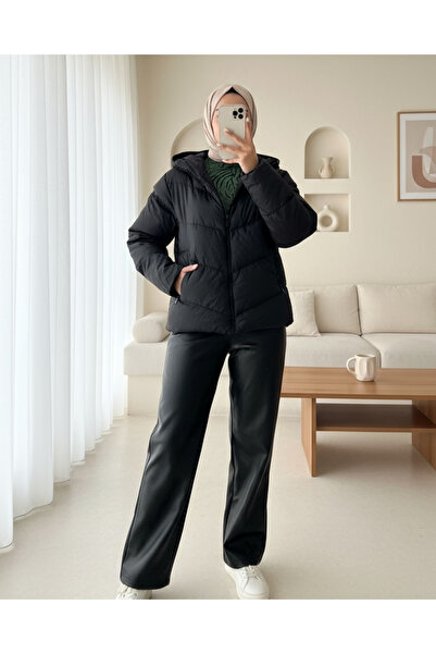 Modamorfo Fixed Hooded Zippered Winter Coat -Black