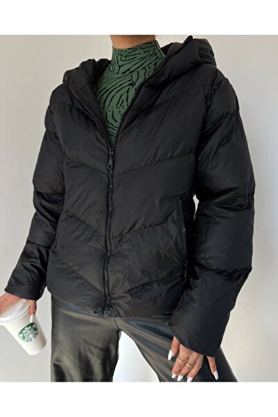 Modamorfo Fixed Hooded Zippered Winter Coat -Black